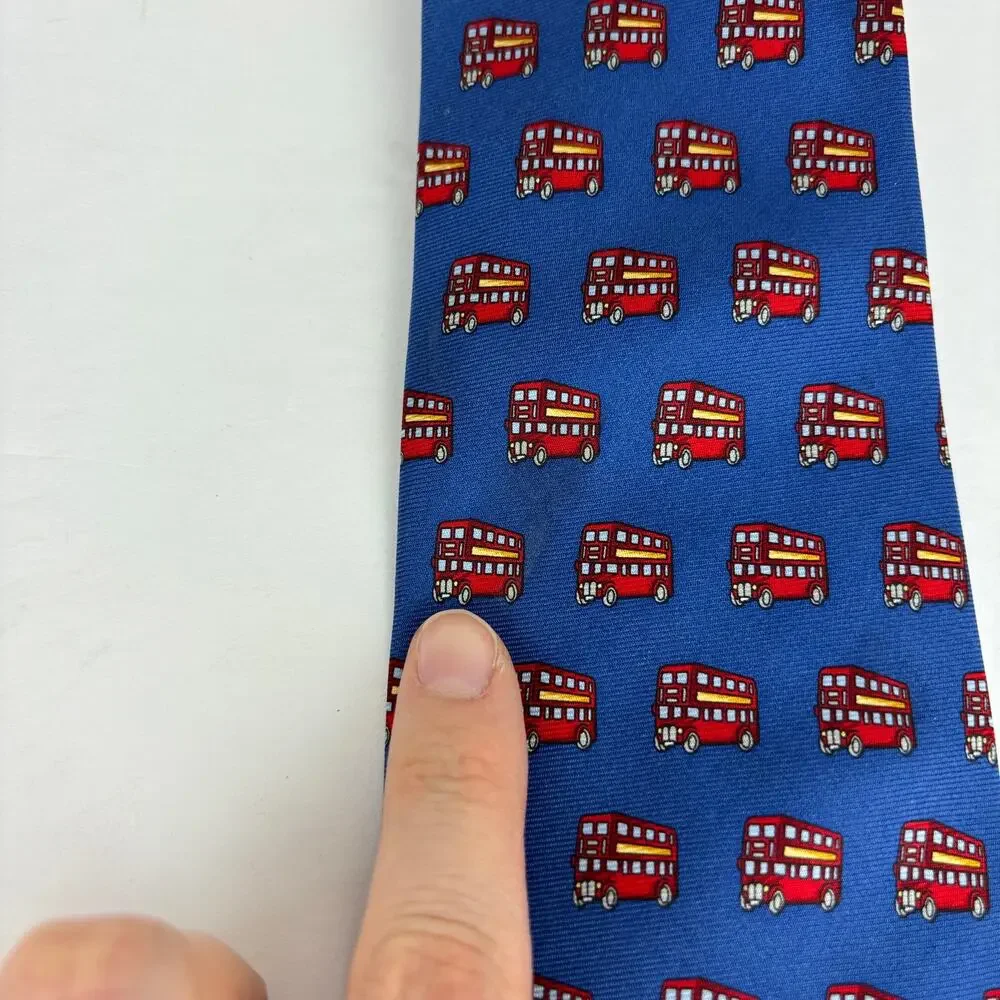 Silk Tie London Double Decker Bus Print Beaufort Tie Rack 100% silk vintage blue